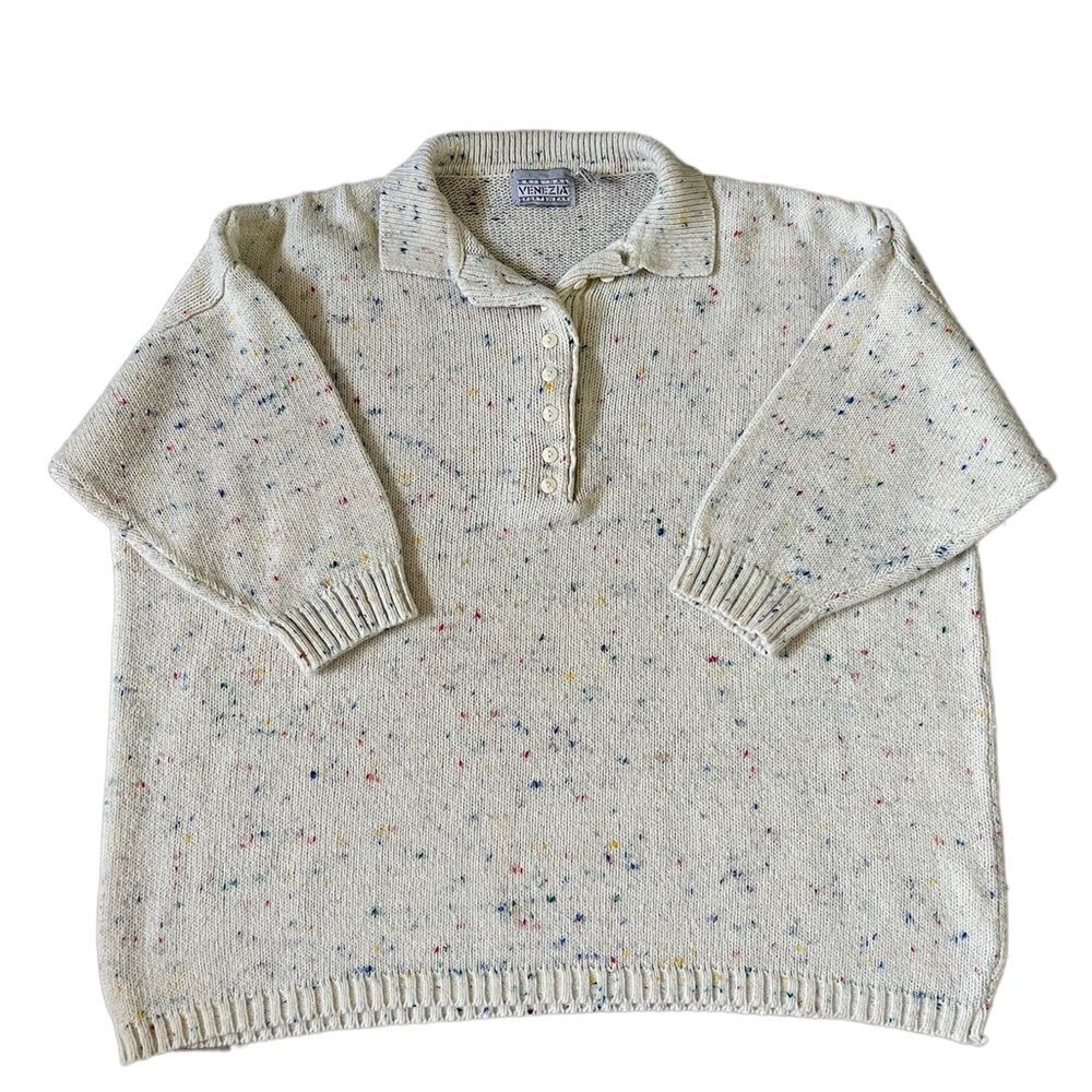 Cream confetti color knit short sleeve oversized sweater fits like XXL - Picture 2 of 7